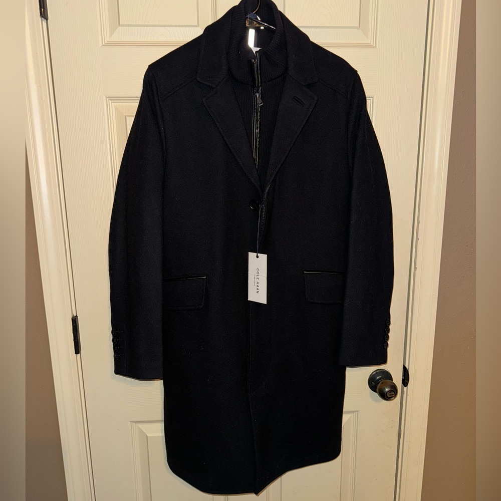 COLE HAAN Wool Blend Overcoat With Knit Bib Inset In Navy for Men size S/P